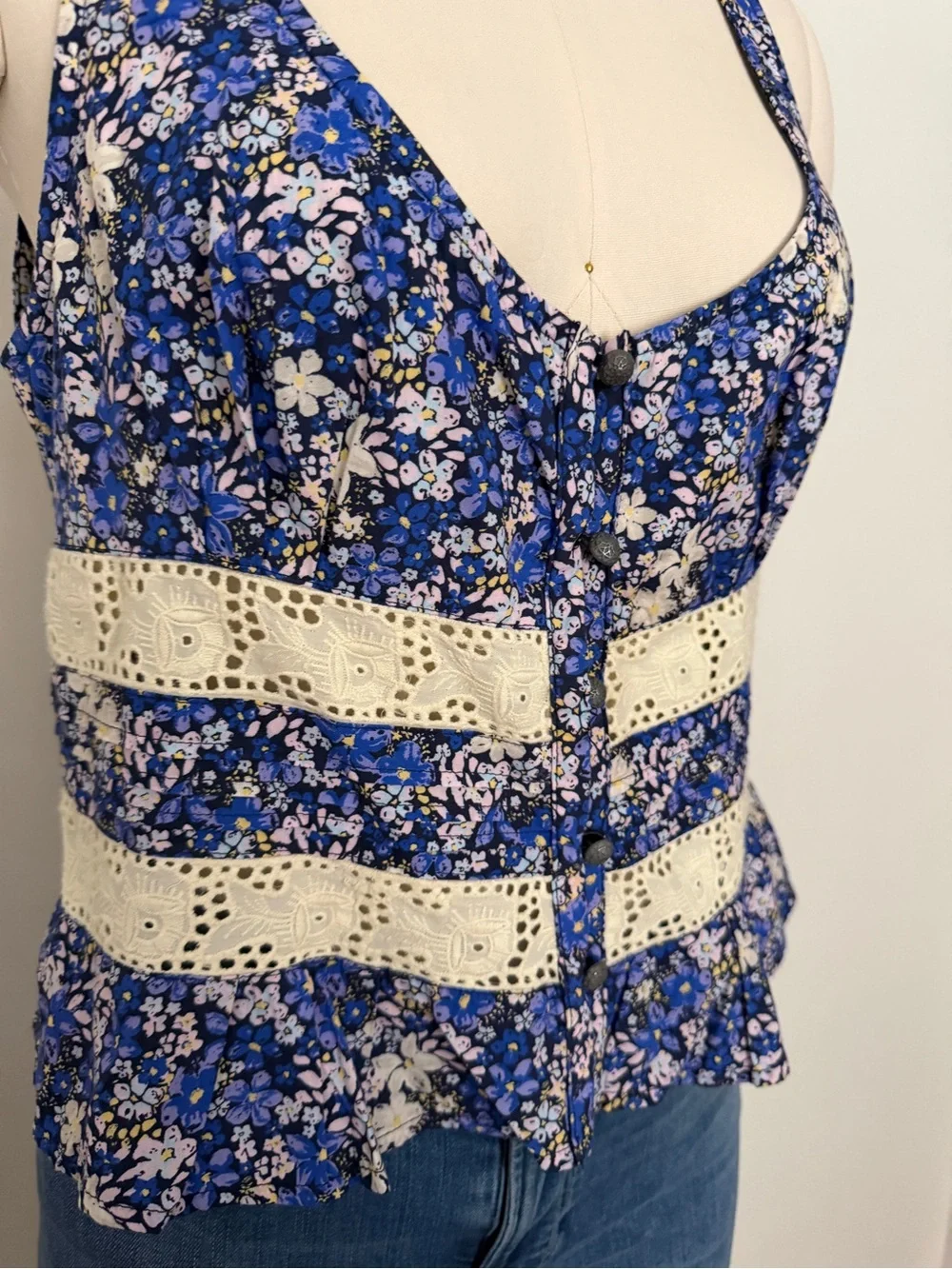NWT Free People Blue Floral Lace Trim Open Back Tank